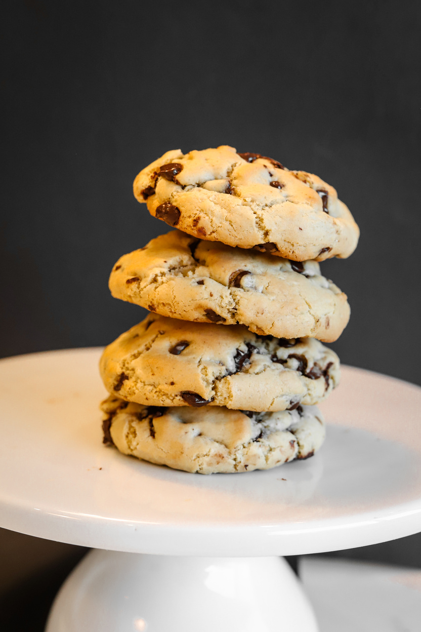 Stacked Chocolate Chip Cookies on Cake Stand